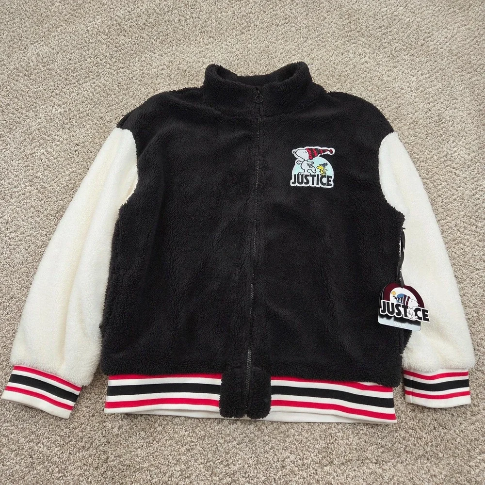NEW Justice x Snoopy Girls Sherpa Jacket Black Full Zip Faux Fur (XL 16/18)